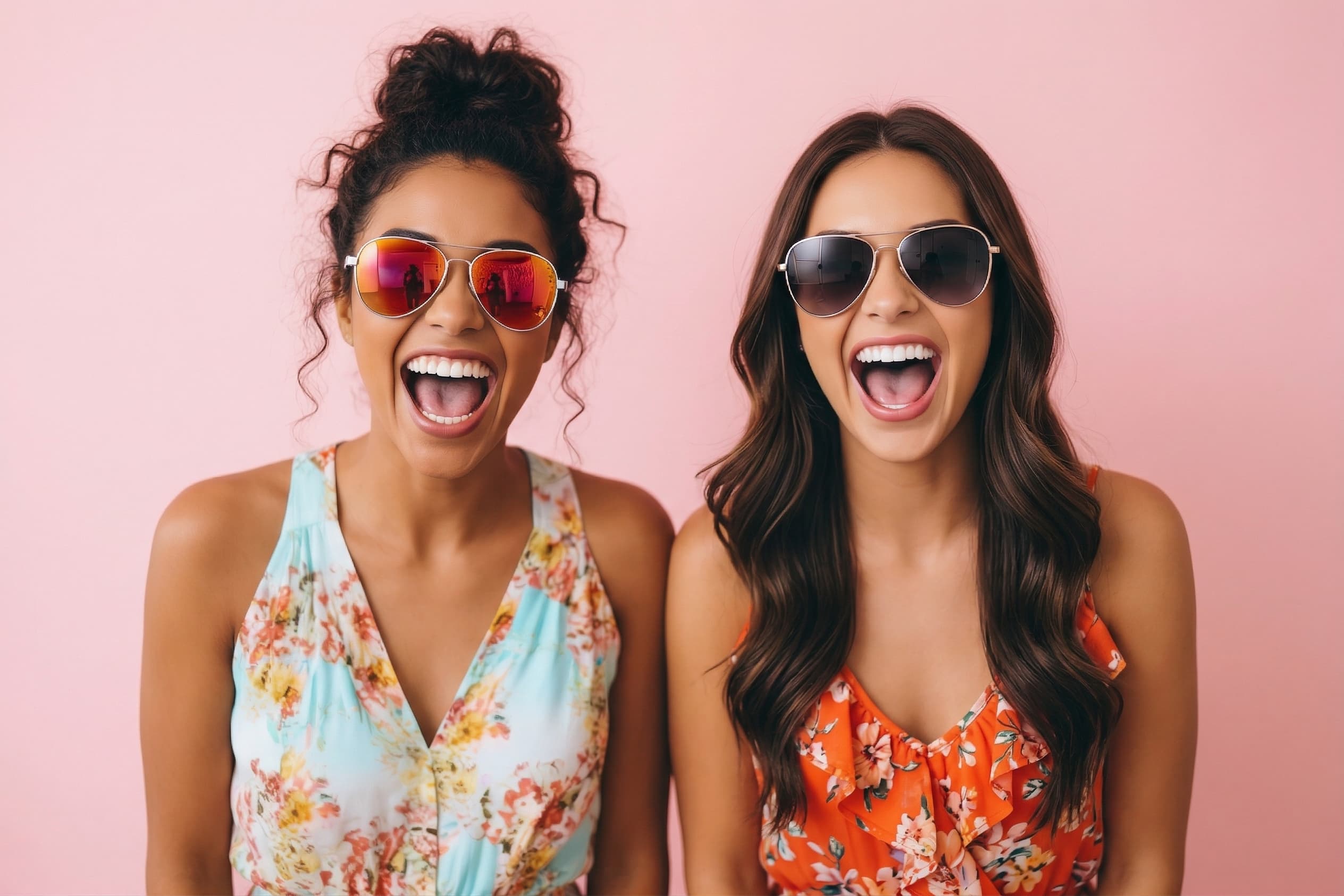 Zwei Freundinnen lachen mit Sonnenbrillen beim Fotobox-Shooting